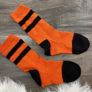 Hand Knit Wool Orange Black Socks Womens